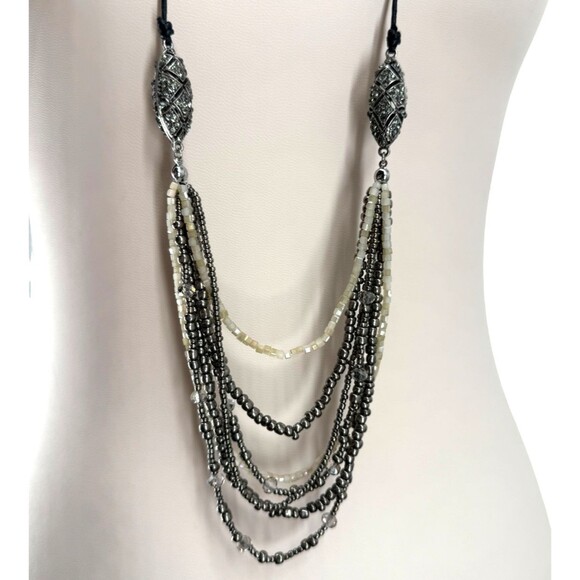 J. Jill Layered Necklace Art Deco Silver Tone Hematite Bead Pavé Adjustable Cord - Picture 12 of 15